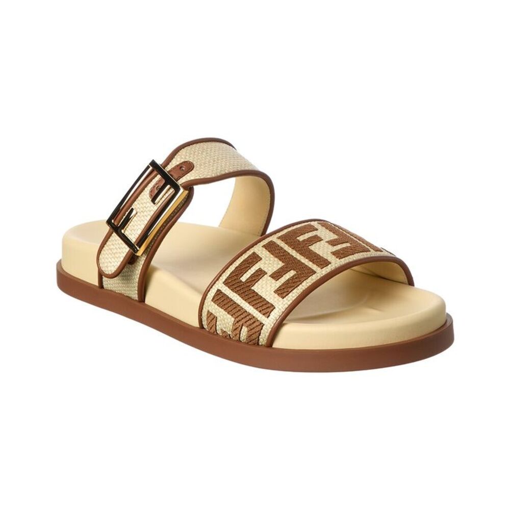 Fendi Feel Leather & Raffia Sandal, Beige